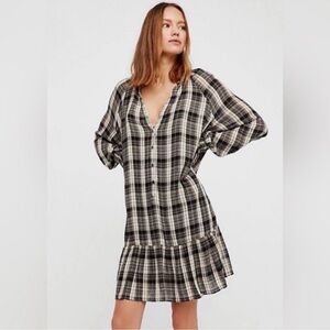 Free People Black and White Ruffled Mini Dress with Bishop Sleeves